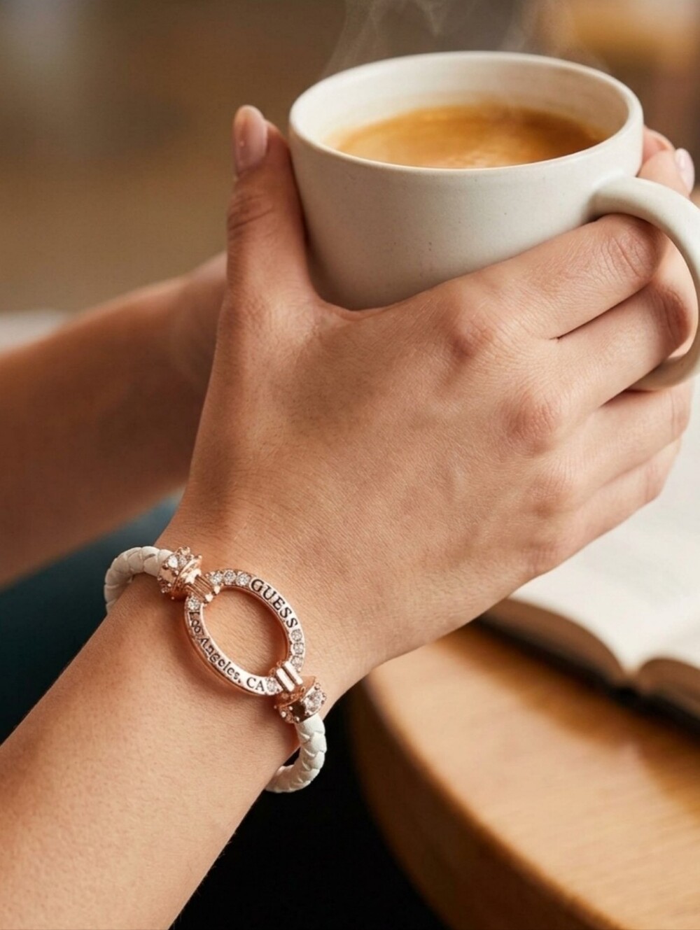 GUESS Los Angeles Rose Gold White Braided Magnetic Bracelet 7"